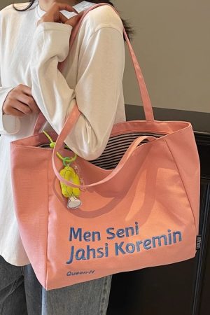 Large Capacity Summer Embroidered Letter Canvas Tote Bag for Women - Versatile Laptop Shoulder Bag for Class and Commute