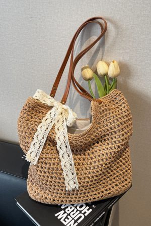 Large Capacity Woven Beach Bag for Women - Stylish Hollow Design, Summer 2025 Travel Tote, Trendy Commuting Bag