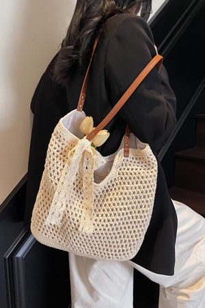 Large Capacity Woven Beach Bag for Women - Stylish Hollow Design, Summer 2025 Travel Tote, Trendy Commuting Bag