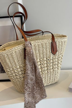Large Capacity Woven Straw Shoulder Tote Bag for Women - Trendy Autumn 2025 Versatile Beach Vacation Handbag