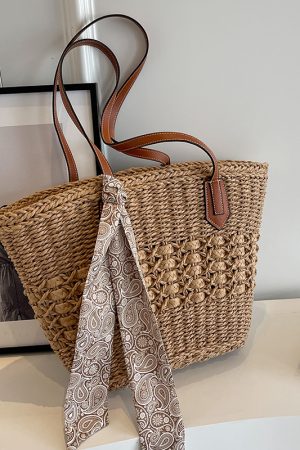Large Capacity Woven Straw Shoulder Tote Bag for Women - Trendy Autumn 2025 Versatile Beach Vacation Handbag