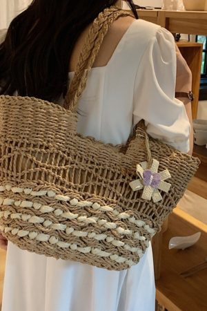 Large Capacity Woven Straw Tote Bag for Women - 2025 Autumn Rural Style Beach Travel Shoulder Bag