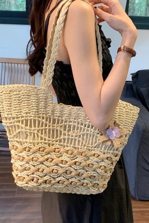 Large Capacity Woven Straw Tote Bag for Women - 2025 Autumn Rural Style Beach Travel Shoulder Bag