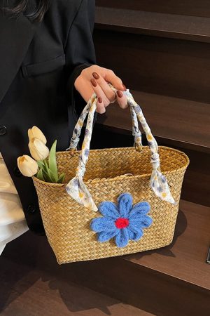 Large Capacity Woven Straw Tote Bag for Women - Stylish Bamboo Handle Beach Bag and Shopping Basket for Summer 2025