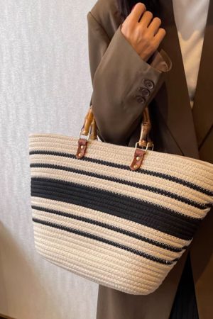 Large Capacity Yarn Knitted Tote Bag for Women - 2025 Spring Summer Fashion Vegetable Basket Straw Bag