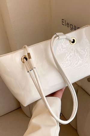 Large Shiny Patent Leather Single Shoulder Tote Bag for Women - Stylish High-End Commuting Bag for Spring Summer 2025