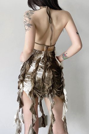 Layered Backless Halter Neck Bodycon Skirt with Tassel Straps for Women - Edgy Desolate Zone Design