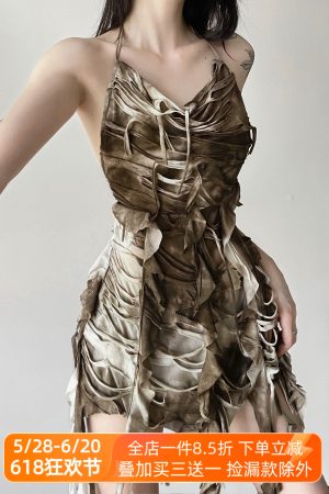 Layered Backless Halter Neck Bodycon Skirt with Tassel Straps for Women - Edgy Desolate Zone Design