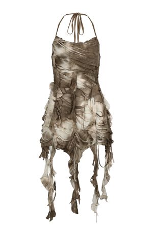 Layered Backless Halter Neck Bodycon Skirt with Tassel Straps for Women - Edgy Desolate Zone Design