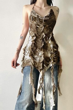 Layered Backless Halter Neck Bodycon Skirt with Tassel Straps for Women - Edgy Desolate Zone Design