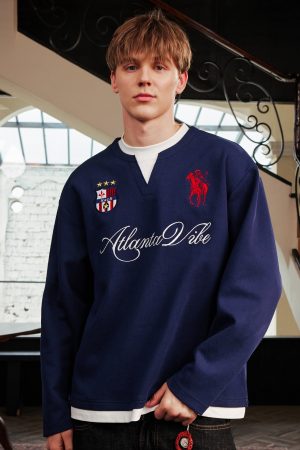 Layered Fake Two-Piece Badge Embroidered Henley Long Sleeve T-Shirt - Trendy Y2K Style for Effortless Layering