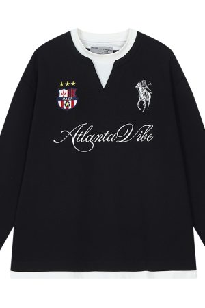 Layered Fake Two-Piece Badge Embroidered Henley Long Sleeve T-Shirt - Trendy Y2K Style for Effortless Layering