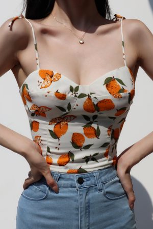 Lemon Print V-Neck Camisole Top for Women - Slim Fit, Flattering Design, Back Pleats & Tie Straps, Perfect for French Countryside Style