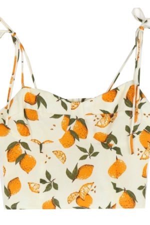 Lemon Print V-Neck Camisole Top for Women - Slim Fit, Flattering Design, Back Pleats & Tie Straps, Perfect for French Countryside Style
