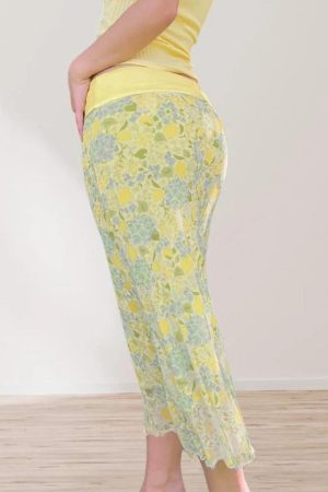 Lemon Soda Floral Mesh Bodycon Skirt for Women - Low Waist, Tied Design, Trendy Fresh Dopamine Style