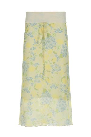 Lemon Soda Floral Mesh Bodycon Skirt for Women - Low Waist, Tied Design, Trendy Fresh Dopamine Style