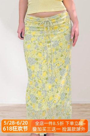 Lemon Soda Floral Mesh Bodycon Skirt for Women - Low Waist, Tied Design, Trendy Fresh Dopamine Style
