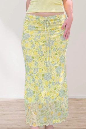 Lemon Soda Floral Mesh Bodycon Skirt for Women - Low Waist, Tied Design, Trendy Fresh Dopamine Style