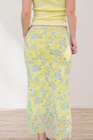 Lemon Soda Floral Mesh Bodycon Skirt for Women - Low Waist, Tied Design, Trendy Fresh Dopamine Style