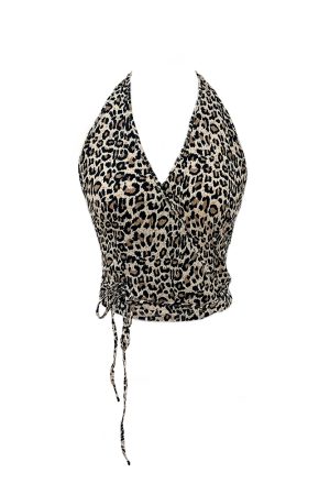 Leopard Print Halter Tie Back Vest Top for Women â€“ Sexy V-Neck Backless Camisole, Perfect for Y2K and Summer Fashion