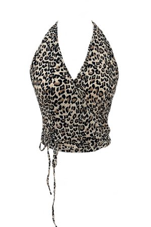 Leopard Print Halter Tie Back Vest Top for Women â€“ Sexy V-Neck Backless Camisole, Perfect for Y2K and Summer Fashion