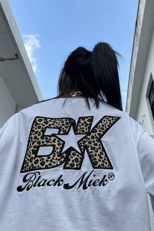 Leopard Print Short Sleeve T-Shirt for Couples - Unisex Hip Hop Style, Embroidered, American Trend, High Street Fashion