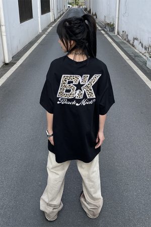 Leopard Print Short Sleeve T-Shirt for Couples - Unisex Hip Hop Style, Embroidered, American Trend, High Street Fashion