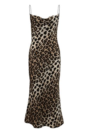 Leopard Print Spaghetti Strap Dress with Ruffled Neckline and Open Back, Sexy Mermaid Skirt, Autumn 2024 Fashion