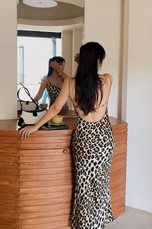 Leopard Print Spaghetti Strap Dress with Ruffled Neckline and Open Back, Sexy Mermaid Skirt, Autumn 2024 Fashion