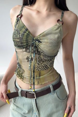 Light A-line Shoulder Strap Mesh Vest for Women with Exotic Pleated Bust Design - Trendy Jungle Totem Style for a Slimming Effect