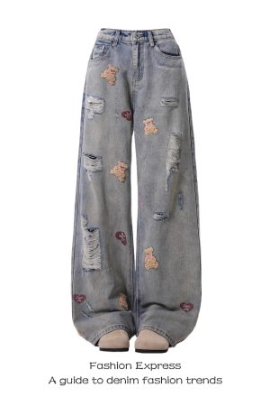 Light Blue Bear Embroidered Denim Pants for Women, American Retro Style, Ripped Fringe, Straight-Leg, Spring & Autumn Fashion
