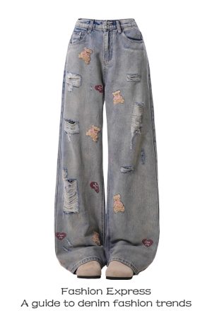 Light Blue Bear Embroidered Denim Pants for Women, American Retro Style, Ripped Fringe, Straight-Leg, Spring & Autumn Fashion