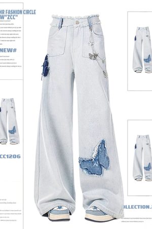 Light Blue Butterfly Wide-Leg Jeans for Women, High-Waisted Loose Draping Floor-Length Pants, Retro Autumn Winter Fashion