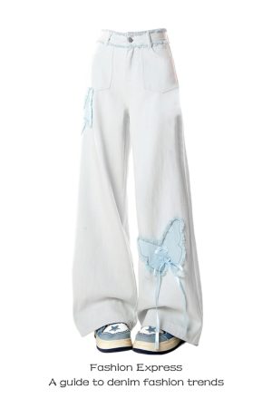 Light Blue Fringed Wide-Leg Denim Pants with Butterfly Embroidery for Women - Trendy Double Waist Design for Spring & Autumn