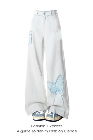 Light Blue Fringed Wide-Leg Denim Pants with Butterfly Embroidery for Women - Trendy Double Waist Design for Spring & Autumn