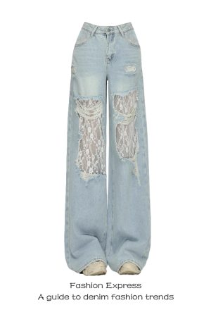 Light Blue High-Waisted Lace Ripped Jeans for Women - Trendy Wide-Leg Straight Patchwork Pants for Spring Summer 2025