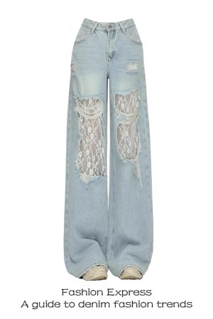 Light Blue High-Waisted Lace Ripped Jeans for Women - Trendy Wide-Leg Straight Patchwork Pants for Spring Summer 2025