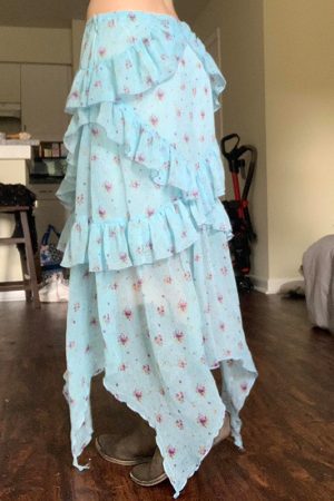 Light Blue Irregular Mesh Spliced Floral Midi Skirt for Girls - Versatile, Slimming Vacation Wear, Perfect for 90s Y2K Style