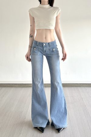 Light Blue Pocket Low-Waist Washed Denim Pants for Women - Versatile Slim Fit Slightly Flared Long Trousers, Y2K Style