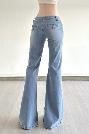 Light Blue Pocket Low-Waist Washed Denim Pants for Women - Versatile Slim Fit Slightly Flared Long Trousers, Y2K Style