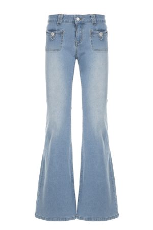 Light Blue Pocket Low-Waist Washed Denim Pants for Women - Versatile Slim Fit Slightly Flared Long Trousers, Y2K Style