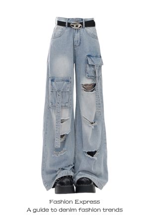 Light Blue Ripped Cargo Jeans for Women - High Street Multi-Pocket Loose Wide-Leg Pants, Autumn Winter Fashion 90s Style