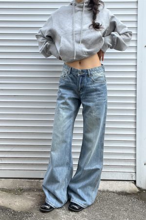 Light Blue Washed Straight Leg Jeans for Women | Personalized Side Tie-Dye Vintage Style | 2025 Fashion Trend