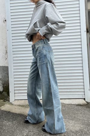Light Blue Washed Straight Leg Jeans for Women | Personalized Side Tie-Dye Vintage Style | 2025 Fashion Trend