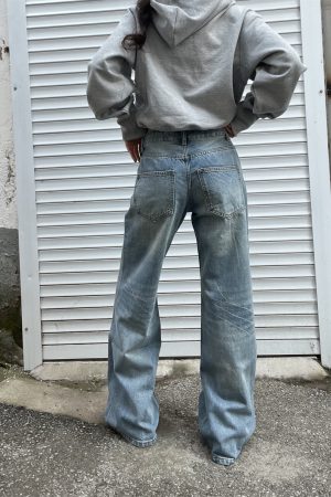 Light Blue Washed Straight Leg Jeans for Women | Personalized Side Tie-Dye Vintage Style | 2025 Fashion Trend