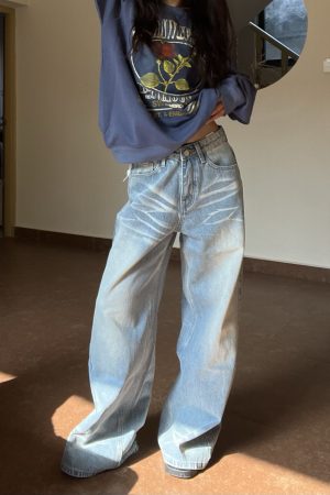 Light Blue Wide-Leg Denim Pants for Women - Vintage Textured Draped Loose Straight Style, Perfect for 90s and Y2K Fashion