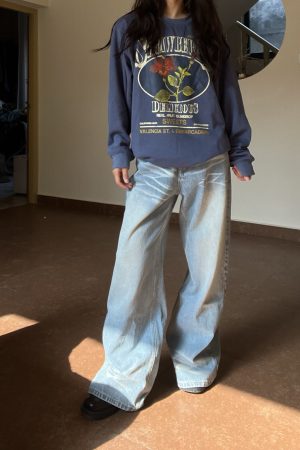 Light Blue Wide-Leg Denim Pants for Women - Vintage Textured Draped Loose Straight Style, Perfect for 90s and Y2K Fashion