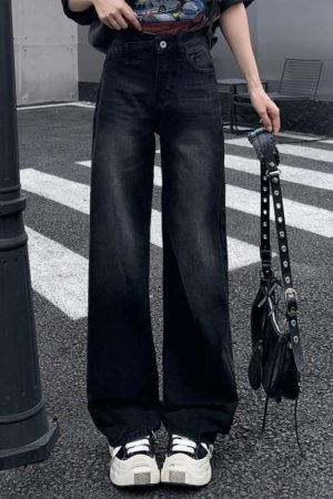 Light Color Straight Leg Jeans for Women - Summer Mid-Waist Slim Fit Wide Leg Trousers, Flowy Floor-Length Style