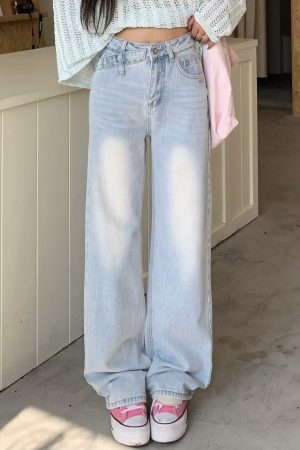 Light Color Straight Leg Jeans for Women - Summer Mid-Waist Slim Fit Wide Leg Trousers, Flowy Floor-Length Style