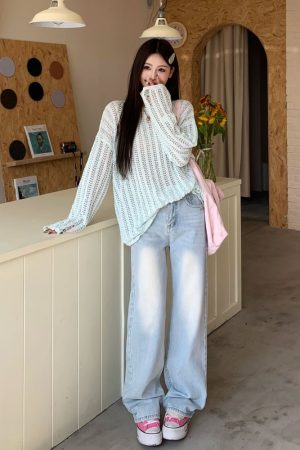Light Color Straight Leg Jeans for Women - Summer Mid-Waist Slim Fit Wide Leg Trousers, Flowy Floor-Length Style